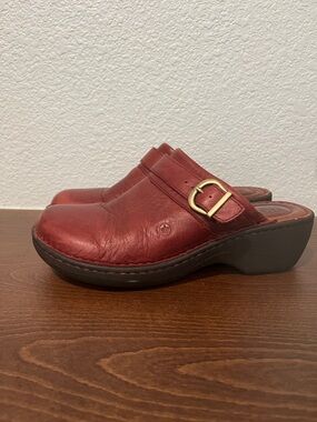 Red Burgundy Leather Clog Mule with Buckle - Women